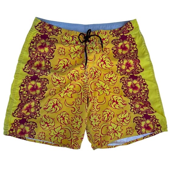 Quiksilver Sz 38 Hawaiian Swim Board Shorts Hibiscus Floral Yellow Orange - Picture 3 of 16